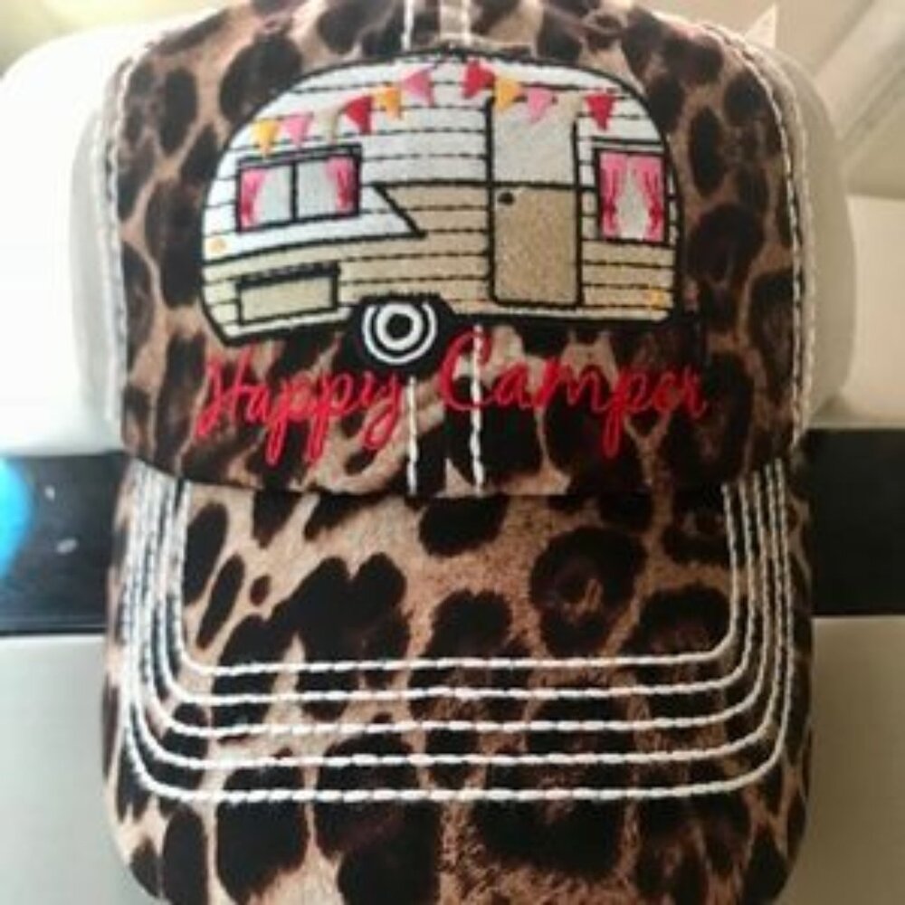 Happy Camper Trucker Hat Retro Leopard Camper Baseball Cap Distressed Mesh Back